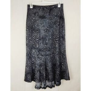 Vintage Bruno Duluc metallic silver rose black maxi skirt Sz S Hi Low Whimsigoth